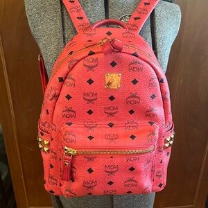 MCM Red Monogram Visteous Studded Coated Canvas Backpack with Gold Accents